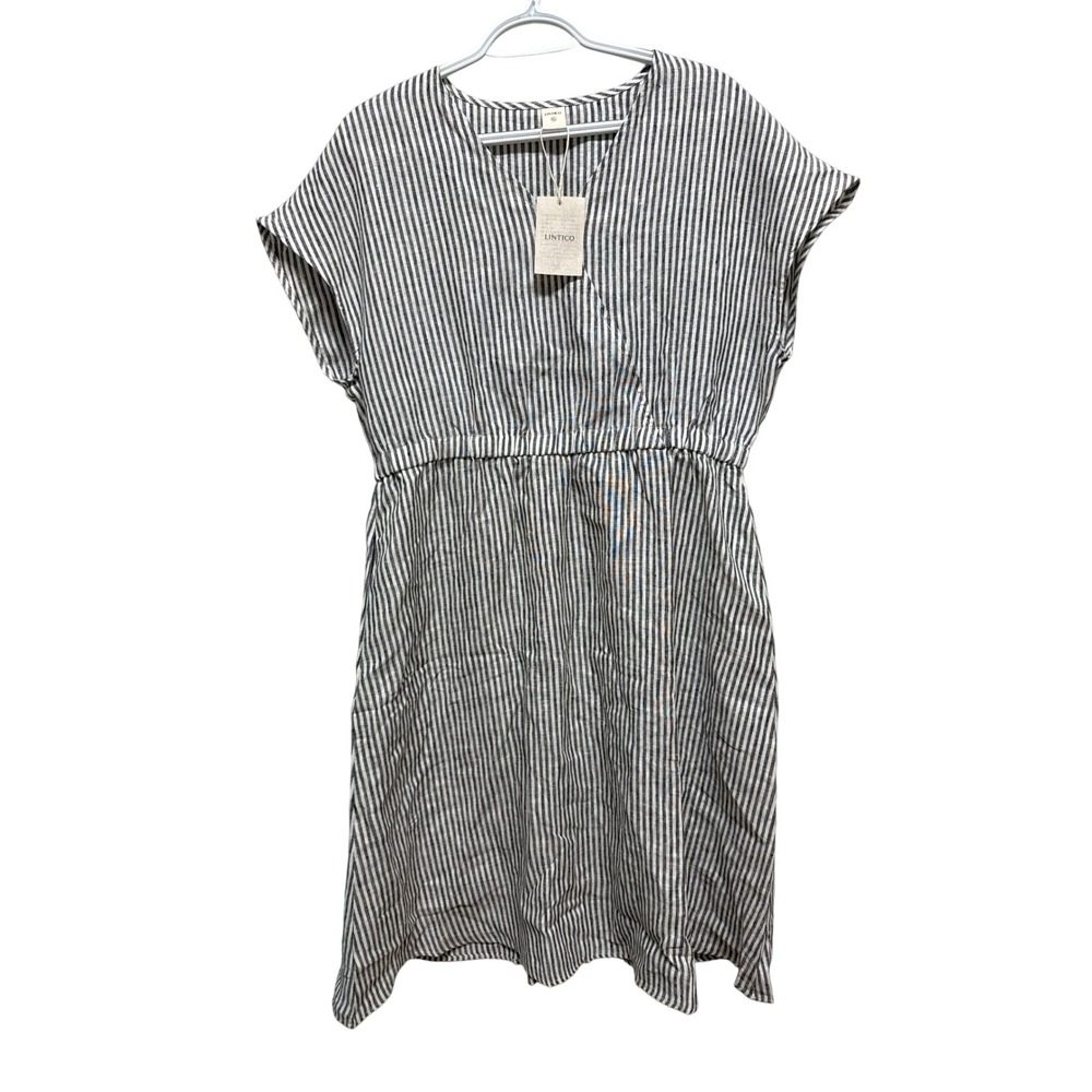 Lintico (Black/White) Striped Linen Faux Wrap Dress Womens XL